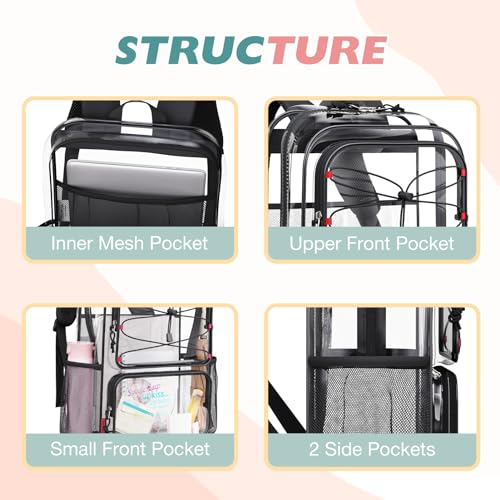 mommore Clear Backpack Heavy Duty Transparent Backpack Large See Through Bookbag for School - color: Black