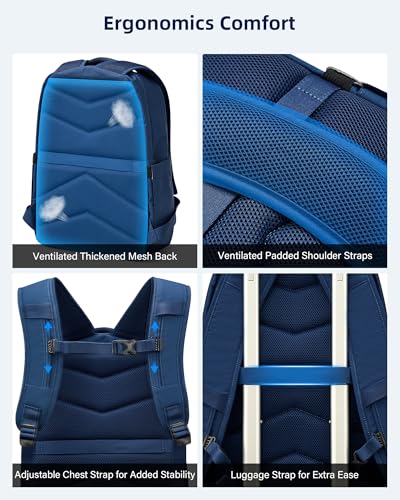 HanTrip Travel Laptop Backpack Carry On, 18 Inch Large Work Backpack School Book Bags, Light Water Resistant Backpacks for Women Men with Luggage Strap Water Bottle Pocket Chest Strap, Navy Blue - color: Navy Blue-1