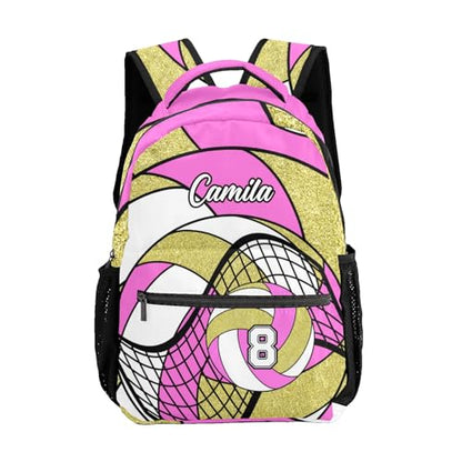 Volleyball Pink Gold Multifuction Waterproof Backpack with Name Custom Shoulders Bookbag for Birthday Holiday Gift - color: Volleyball Pink Gold