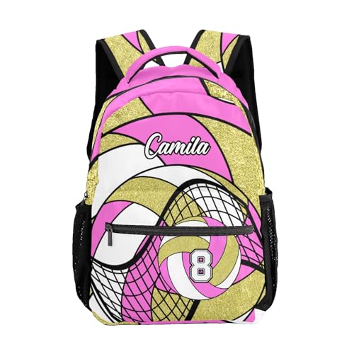 Volleyball Pink Gold Multifuction Waterproof Backpack with Name Custom Shoulders Bookbag for Birthday Holiday Gift - color: Volleyball Pink Gold