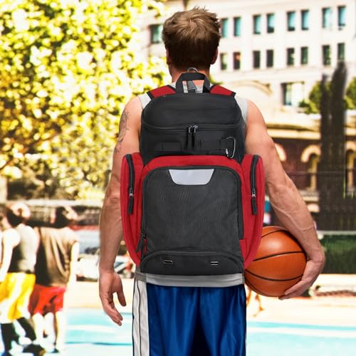 LARIPOP Basketball Backpack with Ball & Ventilated Shoe Compartment Insulated Pockets for Men Training - color: red