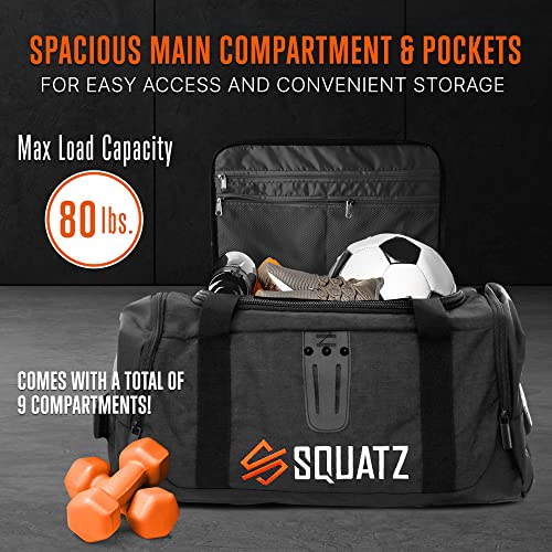 SQUATZ Duffle Bag Backpack, Gym Bag and Sports Bag, Removable Shoulder Straps, Carry On Weekend Bag for Airplane, Workout Overnight Backpack for Travel for Men and Women, USB Port, Black