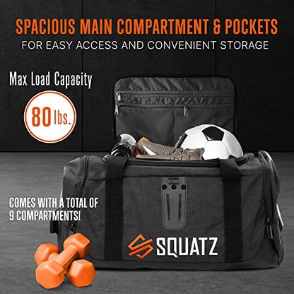 SQUATZ Duffle Bag Backpack, Gym Bag and Sports Bag, Removable Shoulder Straps, Carry On Weekend Bag for Airplane, Workout Overnight Backpack for Travel for Men and Women, USB Port, Black