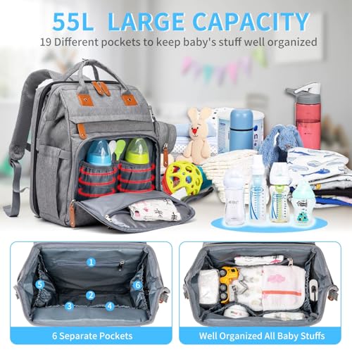 KABAQOO Diaper Bag Backpack with Detachable Changing Station, Large Capacity Baby Diaper Bags for Boys & Girls, Baby Registry Search Stuff & Shower Gifts, Newborn Essentials Must Haves, Grey - color: Grey