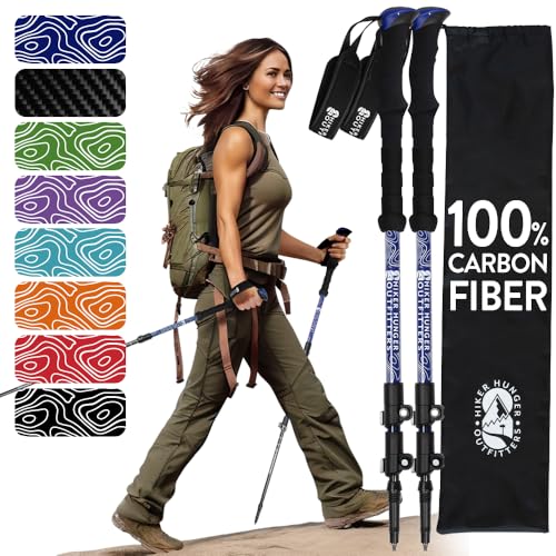 100% Carbon Fiber Trekking Poles by USA Brand - Ultra Strong Lightweight Collapsible Hiking Poles with Cork and EVA Foam Grips & Quick Adjustable Flip Locks - color: EVA Foam - Blue