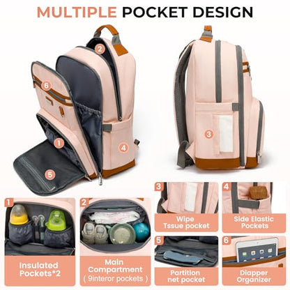 Diaper Bag Backpack, Large Baby Nappy Bags with Portable Changing Pad for Boys and GirlsMultifunction Travel Baby Bag for Moms Dads, Shower Gifts Waterproof and Stylish，Pink - color: Pink 2