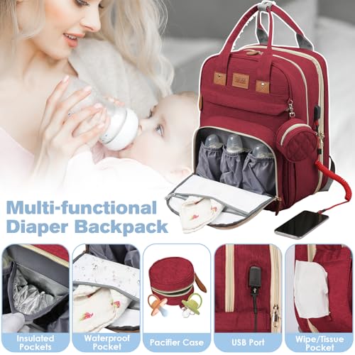 JSTPRO Diaper Bag Backpack, Large Diaper Bag with Changing Station, Baby Bag, New Mom Gifts, Lightweight Waterproof Unisex Diaper Bag with Insulated Pockets and USB Charging Port, Red - color: Red