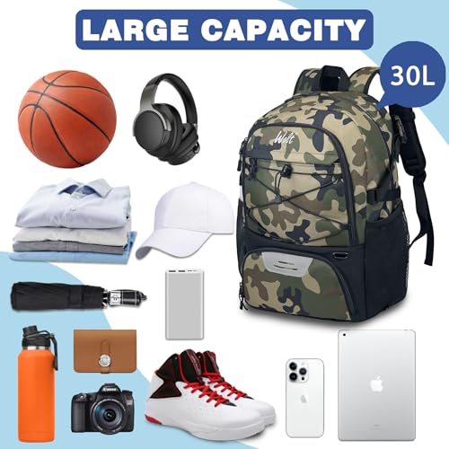 WOLT Basketball Backpack Large Sports Bag with Separate Ball Holder & Shoes Compartment, Best for Basketball, Soccer,Gym - color: camo green