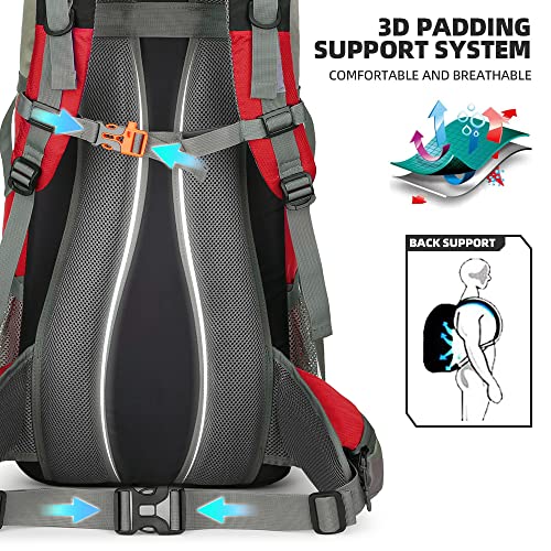 King'sGuard 70L Hiking Backpack with Rain Cover Lightweight Waterproof Travel Camping Backpack Large Backpacking Pack - color: Red