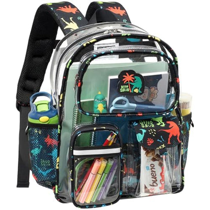 Bagseri Clear Backpack for Boys, 15 Inch Heavy Duty Kids Transparent Bookbag for School Kindergarten to 2nd Grade, Fits 12.5 Inch Folders, High Visibility Reflective Strips, Black Dinosaur - color: 1pcs, A-black Dinosaur, style: Backpack