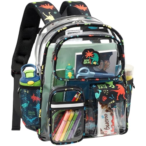 Bagseri Clear Backpack for Boys, 15 Inch Heavy Duty Kids Transparent Bookbag for School Kindergarten to 2nd Grade, Fits 12.5 Inch Folders, High Visibility Reflective Strips, Black Dinosaur - color: 1pcs, A-black Dinosaur, style: Backpack