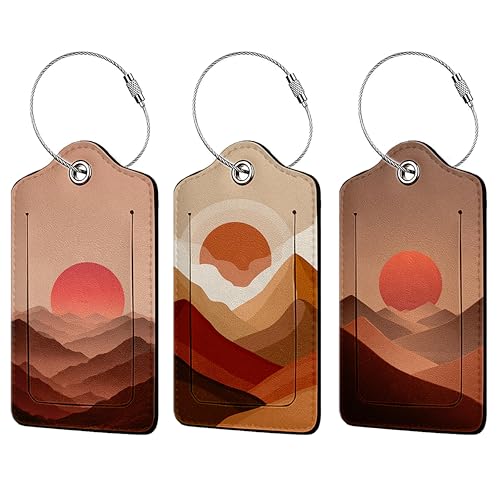 Boho Sun Mountain 3 Pack Luggage Tags, PU Leather Luggage Tags for Suitcase,Name ID Labels with Privacy Cover Suitcases and Metal Loop for Travel Bag Suitcase - color: Boho Sun Mountain