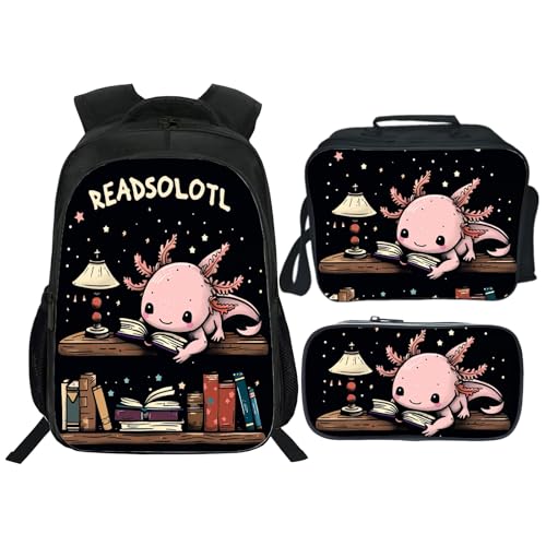Kids Backpack School Bookbag 16inch Schoolbag With Lunch Box Bag And Pencil Case Set For Boys Girls - color: Axolotl