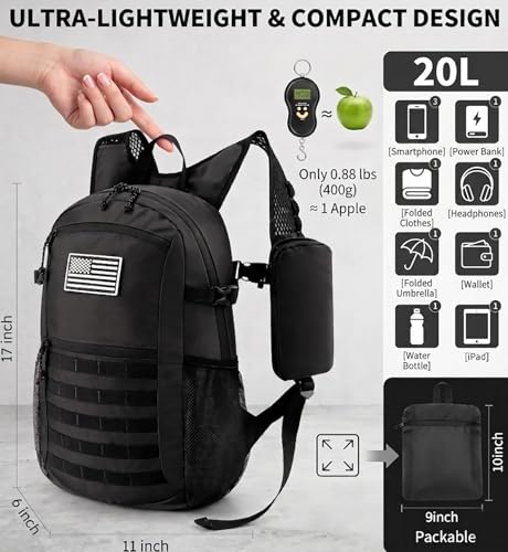 Small 20L Foldable Hiking Daypack for Men Women – Ultra Lightweight Tactical Packable Backpack for Travel, Camping Outdoor, Black - color: Black