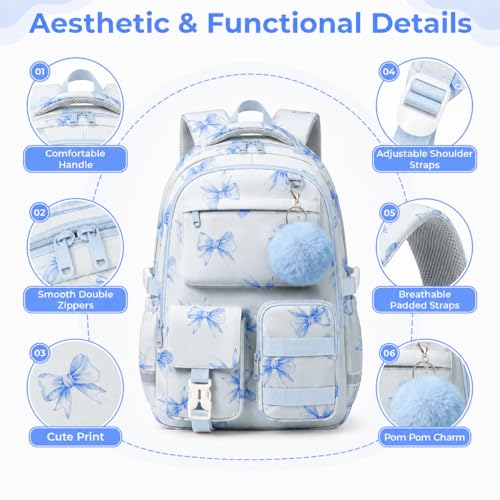 WOBAGMEN Cute Bow Backpack for Teen Girls, Large Capacity Multi-Pocket School Bag Fits 15.6" Laptop, Lightweight Durable Daypack for School and Travel (Blue Bow, M) - color: Blue Bow