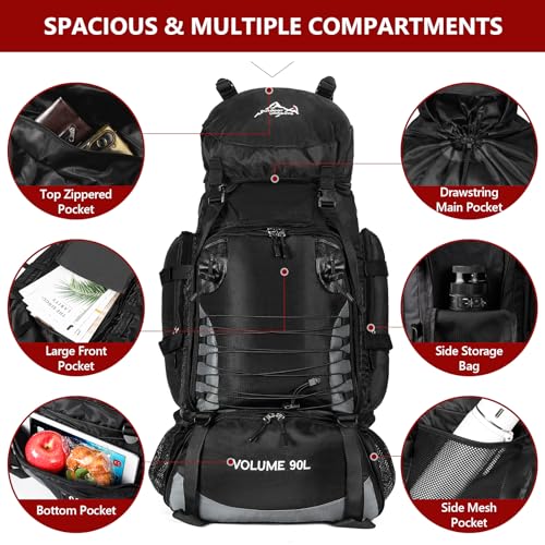 90L Hiking Backpack, Waterproof Camping Bag with Rain Cover, Lightweight Backpacking Back Pack - color: Black