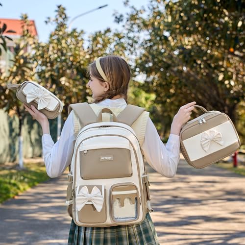 School Backpack for Girls 3PCS Nylon Kids Backpack Set with Lunch Box & Pencil Pouch, Cute Lightweight Teen Girls School Bag Laptop Bag Travel Daypack for Elementary Middle High School Beige Brown - color: Brown