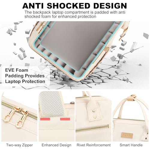AIJIEKE Lunch Backpack for Women, 15.6 Inch Laptop Backpack with Detachable Insulated Cooler Lunch Box, 2-in-1 Water Resistant Work Computer Bag for Nurse Teacher College Commute, Beige - color: Beige