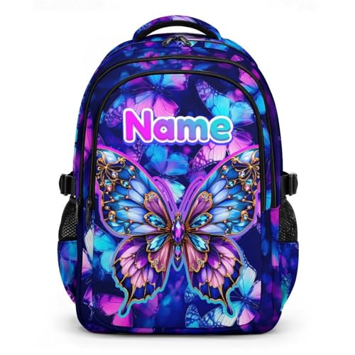 Backpack for School Custom Butterfly Backpacks for Kids Back to School, 17 Inch Glitter Bookbag with Name for Travel Picnic - color: Purple2