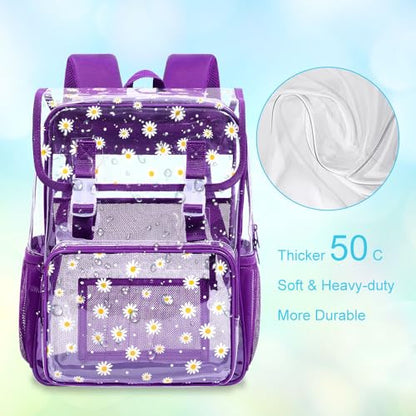 3Pcs Clear Backpack for School, Girls Kids Transparent Bookbag Set, 17" Daisy Stadium Approved See Through Backpack with Lunch Box (Deep Purple) - color: Purple Dasiy
