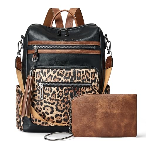 Shrrie Backpack Purse for Women Leather Backpack Fashion Designer Travel Backpack Convertible Shoulder Bag - color: 1-6 Black With Leopard