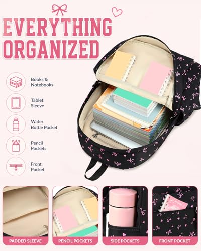 CAMTOP Girls Backpack with Lunch Box Set, Cute Bow School Backpack for Kids, 3-in-1 Lightweight Lunch Bag and Pencil Pouch - color: Black Pink Bow