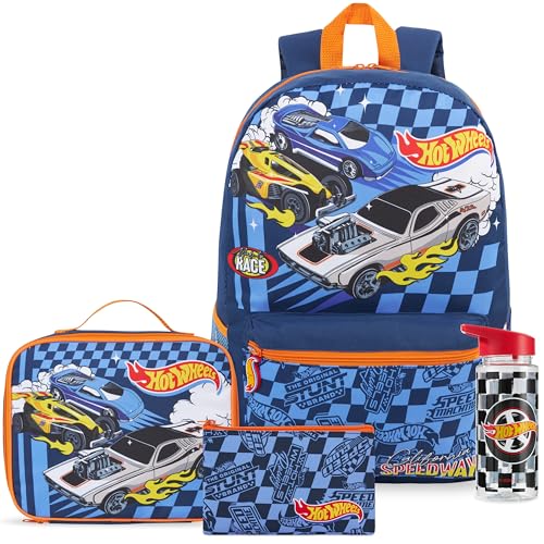 Get Trend Hot Wheels Boys 4 Pc Backpack Set with 18 inch Bookbag, Lunch Bag, Water Bottle, Pencil Case, Gifts for Boys (Multi Hot Wheels) - color: Multi Hot Wheels