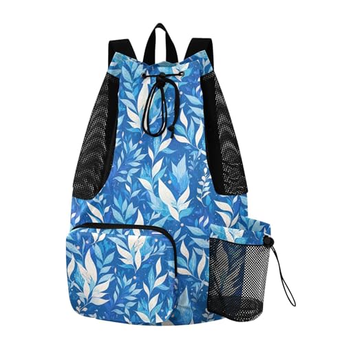 Yuiboo Light Blue Leaves Women Mens Drawstring Backpack Gym Sackpack with Water Bottle Pocket String Swim Bag Dry Wet Separation