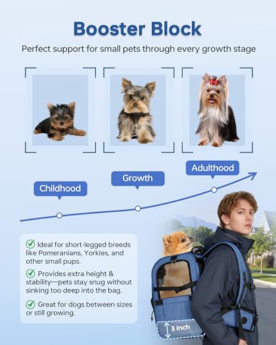 Hiking Dog Carrier Backpack, Padded Height-Enhancing Design, Adjustable Waist Cushioning Belt with Breathable Padded Back Support, Dog Carrier Backpack for Small Dogs Max 13LB Blue with Pad - color: Blue