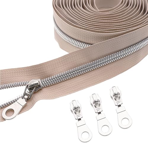 #5 Silver Metallic Nylon Coil Zipper by The Yard, Bulk 10 Yards Beige Zipper Tape Silver Teeth with 25PCS Silver Zippers Pulls for Sewing, Bags, Purses YIGUANXIN - color: Beige-Silver