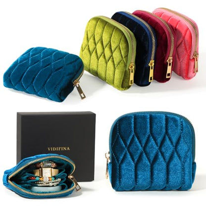 Travel Jewelry Case,Mini Travel Jewelry Bag with Zipper,5-Layer Velvet Organizer Pouch for Bracelet Rings Earrings - Diamond Stitched Velvet Teal Blue - color: TealBlue