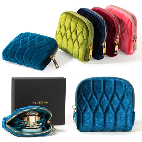 Travel Jewelry Case,Mini Travel Jewelry Bag with Zipper,5-Layer Velvet Organizer Pouch for Bracelet Rings Earrings - Diamond Stitched Velvet Teal Blue - color: TealBlue