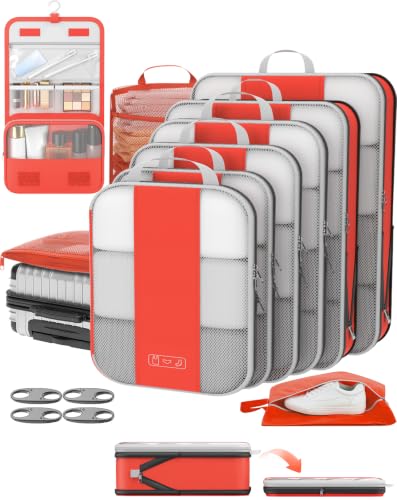 OlarHike 10 Set Compression Packing Cubes for Travel Essentials,Compressible Expandable Packing Cubes for Suitcase,Luggage Garment Bags with Over 99 pcs of Mesh Holes(Orange) - color: Orange