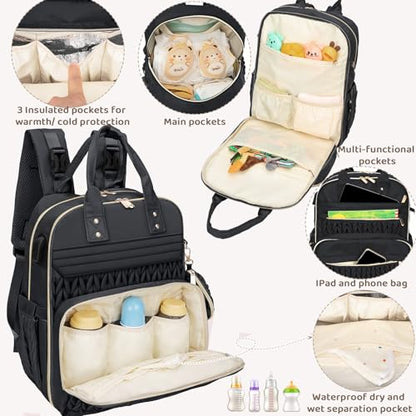 Diaper Bag Backpack, Waterproof Large Baby Bag with Changing Pad, Black | Baby Diaper Bag, Stylish, Large Capacity, with Changing Pad, with USB Port, Stroller Strap, Pacifier Case, Travel Essentials - color: Black