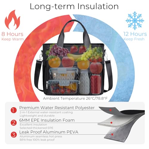 AIJIEKE Large Insulated Lunch Bag for Men Women, Leakproof Work Lunch Box | Keeps food fresh 8-12 hours. Spacious multi-pocket design with a removable strap. Water-resistant and easy-wipe interior - color: A.Black