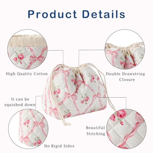 3pcs Large Cotton Quilted Makeup Bag Set,Coquette Aesthetic Cute Travel Toiletry Bag,Drawstring Gift Bag for Women and Girls(3Pcs Pink Bow) - color: 3Pcs Pink Bow