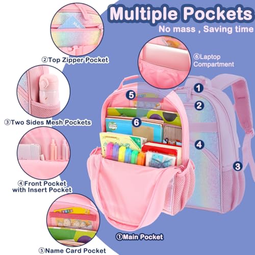FlowFly Kids Backpack for Toddler Boys Girls, Simple Lightweight Bookbag for Daycare Kindergarten Elementary School Travel, Small Modern Bag (Medium 15'', Glitter-Rainbow) - color: Glitter-rainbow, style: Kids Medium: 12l