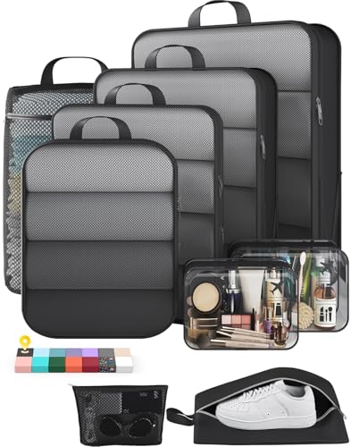 Veken 9/11 Set Compression Packing Cubes for Travel Essentials,Compressible Expandable Large Luggage Suitcase Organizer Bags for Clothing,Space Saver Bags with Over 1000 pcs of Mesh Holes(Black) - color: Black, size: 9 set