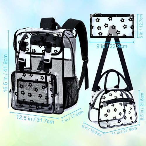 3Pcs Clear Backpack for Girls, School Kids Transparent Bookbag Set, 17" Stadium Approved See Through Backpack with Lunch Box (Black) - color: Plum Blossom Black