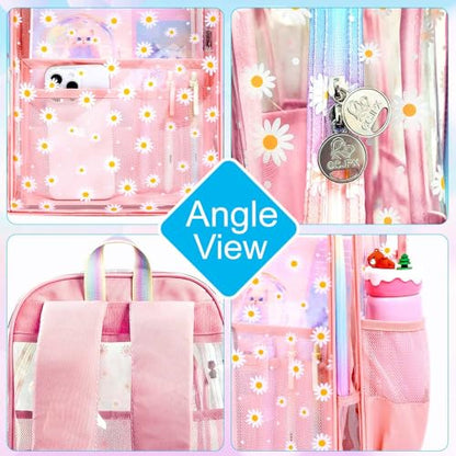 gxtvo 3PCS Clear Backpack Heavy-Duty Set for Women & Teen Girls, 17" Pink Transparent Bookbag with Rainbow Strap, Cute Chrysanthemum See Through School Bag - color: Pink Chrysanthemum Clear Backpack Set