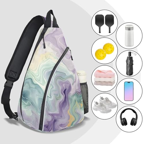 Pickleball Bag for Women Men Adjustable Crossbody Sling Backpack Hold Pickleball Paddle Water Bottle - color: Multicolor 13