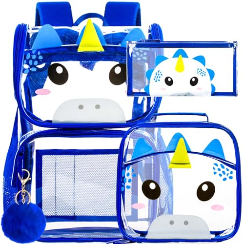 UFNDC 3PCS Clear Backpack for Girls and Boys, Unicorn Cat Transparent Bookbag, See Through School Bag for Kids Elementary - color: 3pcs Clear Dinosaur Blue