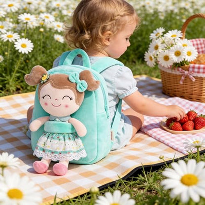 Gloveleya Kids Backpacks Girls Backpack Plush Bags with Soft Baby Doll Green 9" | with Soft Baby Doll - color: A015 Spring Girl Green & Doll, size: 9 inches