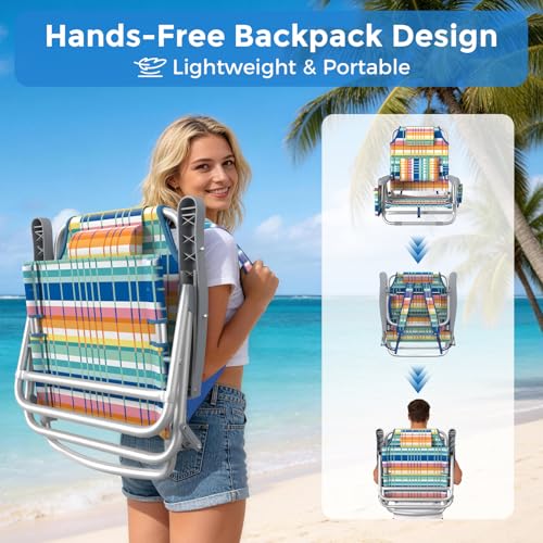 5-Position Backpack Beach Chairs for Adults, Foldable Heavy-Duty Beach Chair with Lumbar,Cooler Bag,Cup Holder,Towel Rack for Beach, Camping, Outdoor(2Pack)