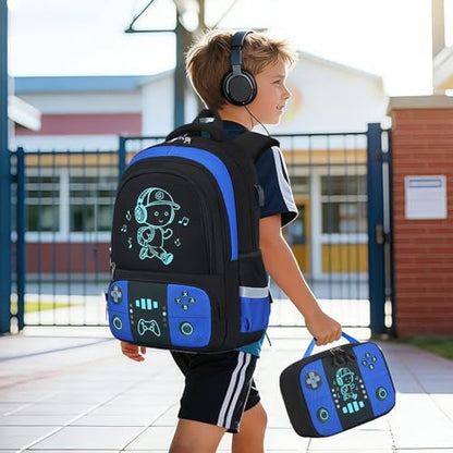 Bevalsa Backpack for School Boys, Cool Luminous Gamer Boys Schoolbag with Lunch Box & Pencil Case Set for Kids Teens Elementary Middle School, Bookbag Glow In The Dark(Blue School Backpack) - color: Blue School, style: Backpack