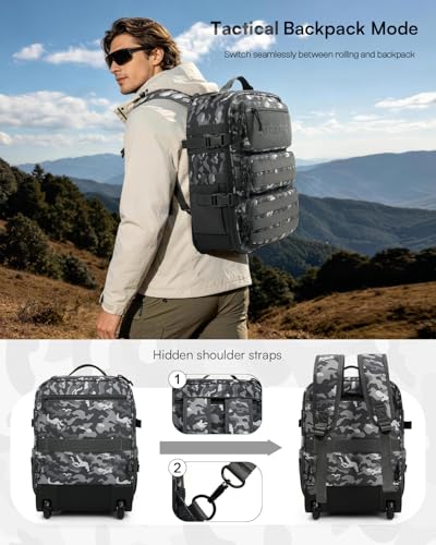 AUROTIER Rolling Tactical Laptop Backpack, Underseat Travel Backpack with Wheels, 16 Inch Wheeled Computer Backpack for Men and Women, Roller Overnight Molle Outdoor Hiking College Carry on Luggage - color: Black Camo