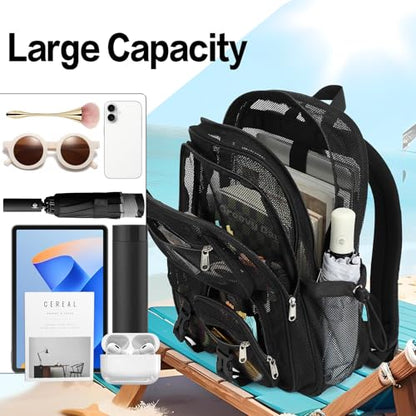 Black Mesh Backpack for Girls Boys, Mesh Bookbags Heavy Duty Semi-Transparent School Bag for College, Travel, Beach, Swimming, Sports - color: Black