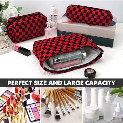 3 Pcs Makeup Bag Cosmetic Bag Set for Girls Women Checkered Travel Organizer Bathroom Toiletry Pouch Large Capacity Storage Bag(Red-Black) - color: Red-Black