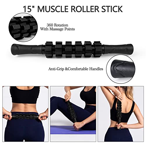 JOYENERGY 5 in 1 Foam Roller Set High Density Foam Roller Patented, Massage Stick, Massage Ball, Resistance Band for Deep Muscle Massage Pilates Yoga, Fitness for Trigger Point Release - color: Pure Black