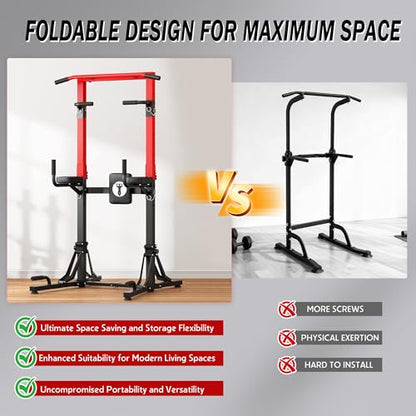 SDHYL Foldable Power Tower Pull Up Bar Station, Multi-Function Adjustable Dip Station Exercise Equipment for Home Gym Workout, Strength Training Fitness Equipment, 330LBS